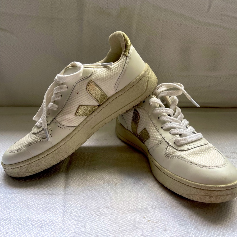Veja White and Gold V10 Sneakers